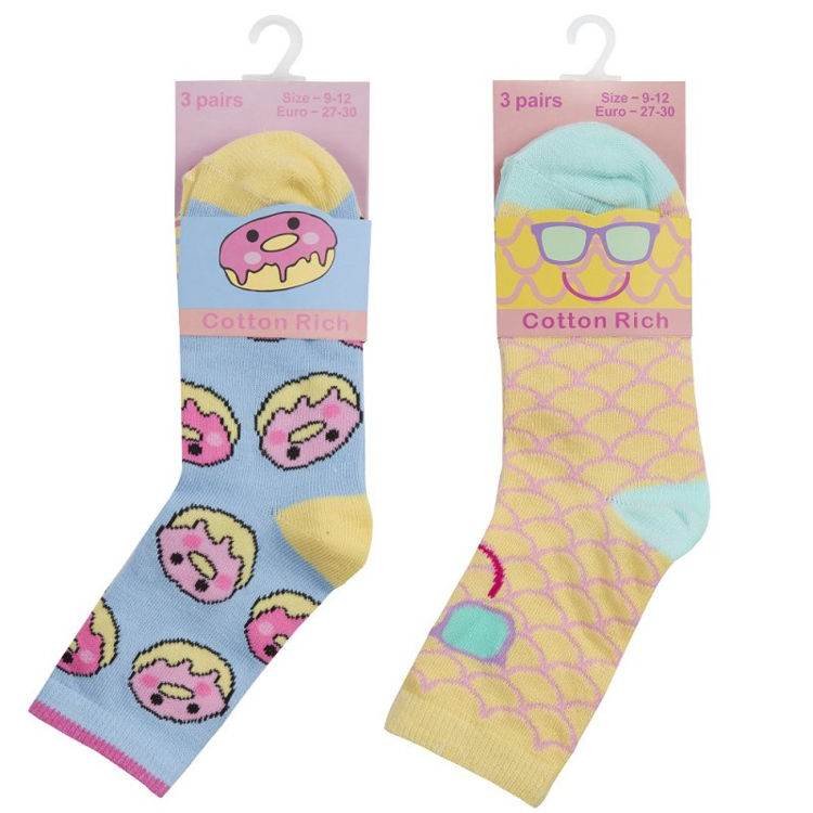 Picture of 43B684: GIRLS 3 PACK COTTON RICH DESIGN ANKLE SOCKS